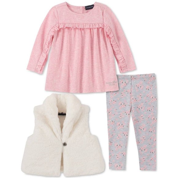 Calvin Klein Other - Calvin Klein Baby Girls 3-Pc. Faux-Fur Vest, Ruffled Top & Floral-Print Leggings
